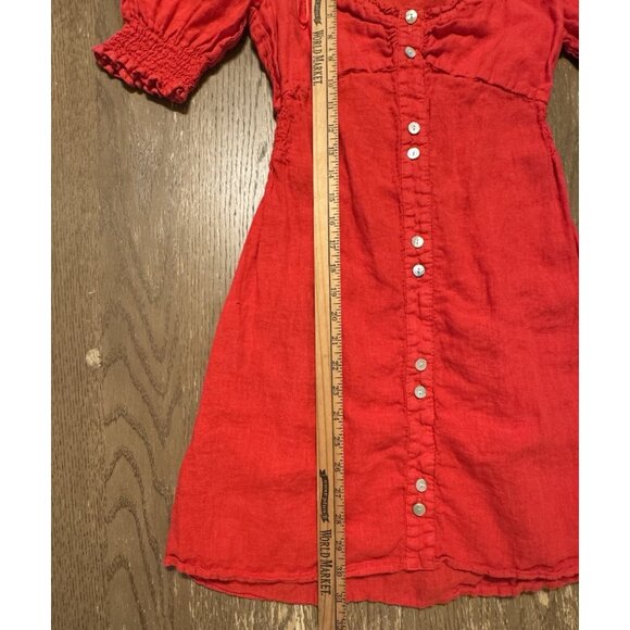 Zara Linen Red Mini Linen Puff Sleeve Dress Medium Button Stretch Waist Party - Picture 5 of 12